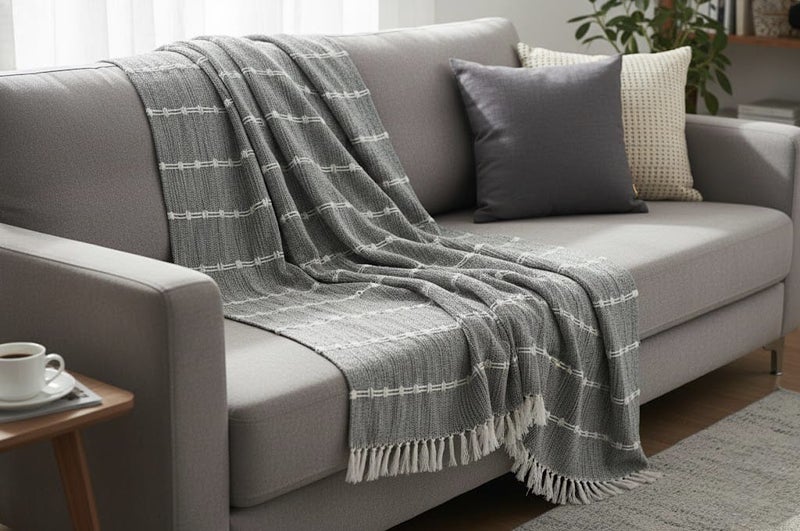 Ambrosia 130 × 160 سم بطانية رمي 100% قطن بلون رمادي فحمي 400GSM ناعمة مزينة بحواف بوهيمية غطاء أريكة عداء سرير ديكور منزلي مريح - Image 5